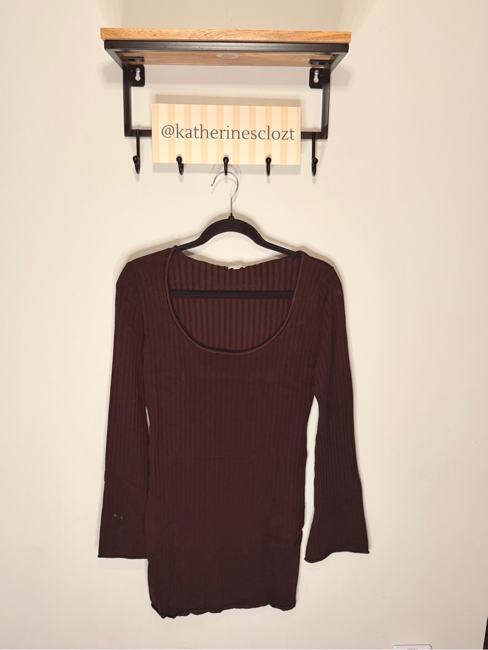 Garage Ribbed Scoop Neck Long Sleeve Dress - Brown